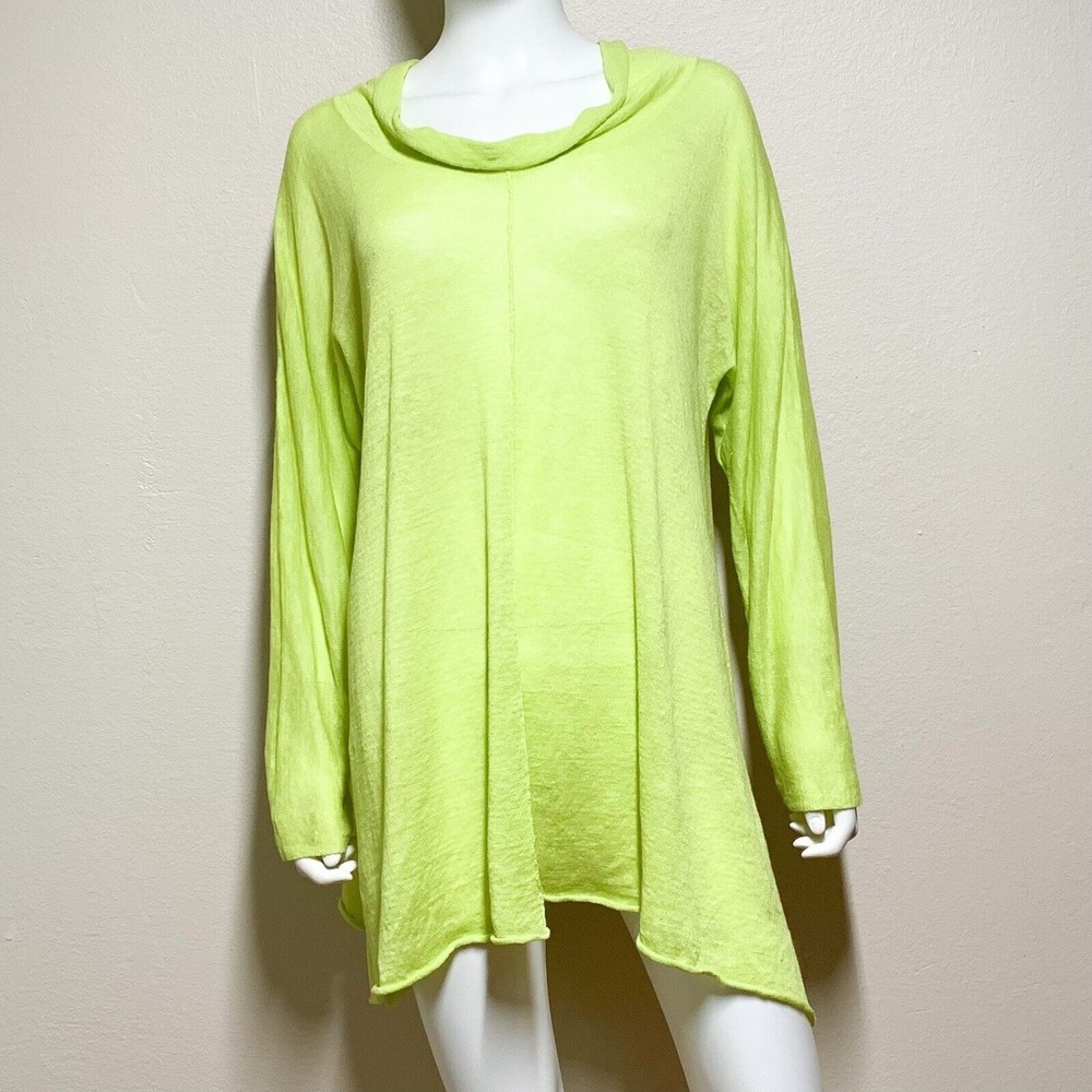 OSKA 100% Linen Lime Green Knit Tunic Sweater 2 US 8/10 Long Sleeve Cowl Neck